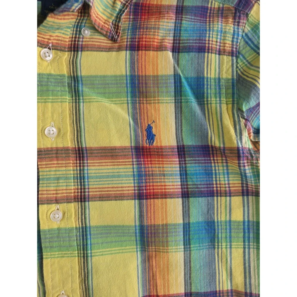 Polo Ralph Lauren Boys Button Up Shirt Plaid Yellow Blue Green Size Large 14-16